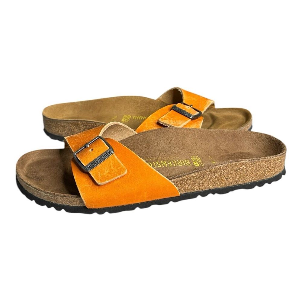 Birkenstock Orange Suede Single-Band Slide Sandals